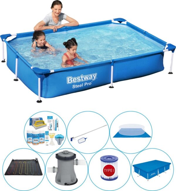 Bestway Steel Pro Rechthoekig Zwembad - 221 x 150 x 43 cm - Blauw - Inclusief Accessoires - Voordeelpakket (6013852150131)
